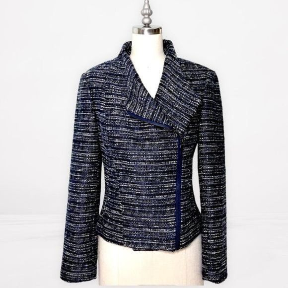Banana Republic Jackets & Blazers - Banana Republic Tweed Moto Zip Blazer Jacket Blue White 4 Small